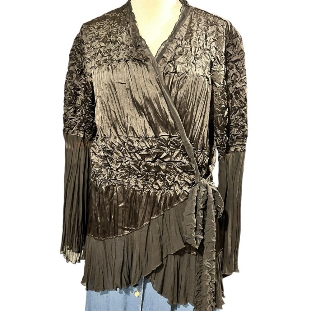 Joseph Ribkoff Black Wrap Around Gathered Top Pleated Bell Sleeves Size 8